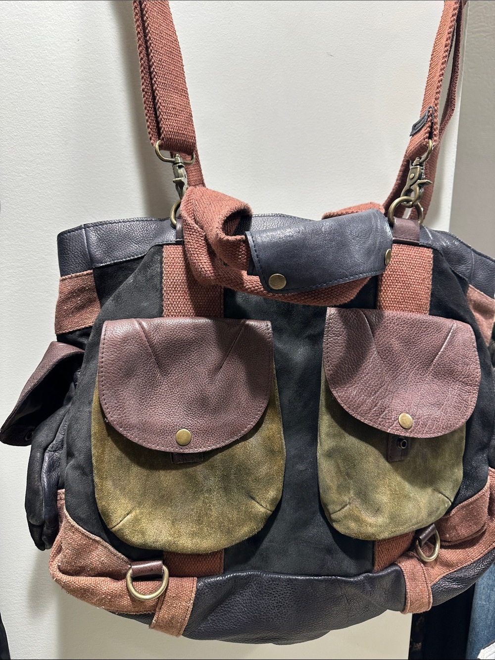 Free People Mixed-Material Utility Tote in Olive, Mauve & Black